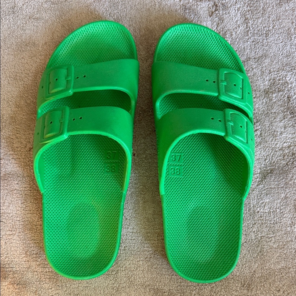 Women’s Double-Buckle Green Slide Sandals